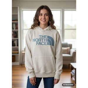 The North Face Womens Small Cream Hoodie Pullover Logo Graphic Sweatshirt -stain
